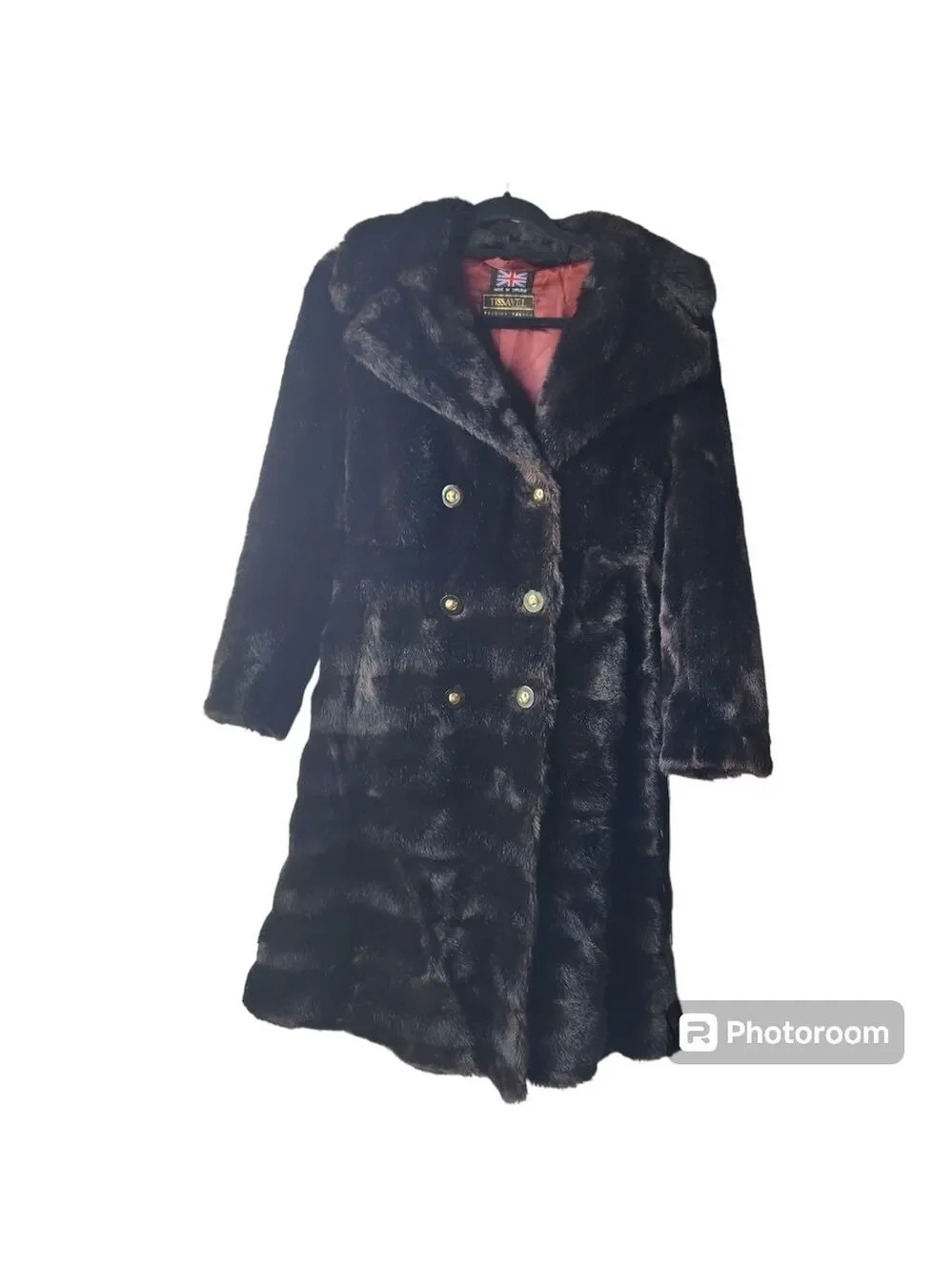 Tissavel France Faux Fur Coat Double Breasted Belted Dark Brown  Vintage unsize